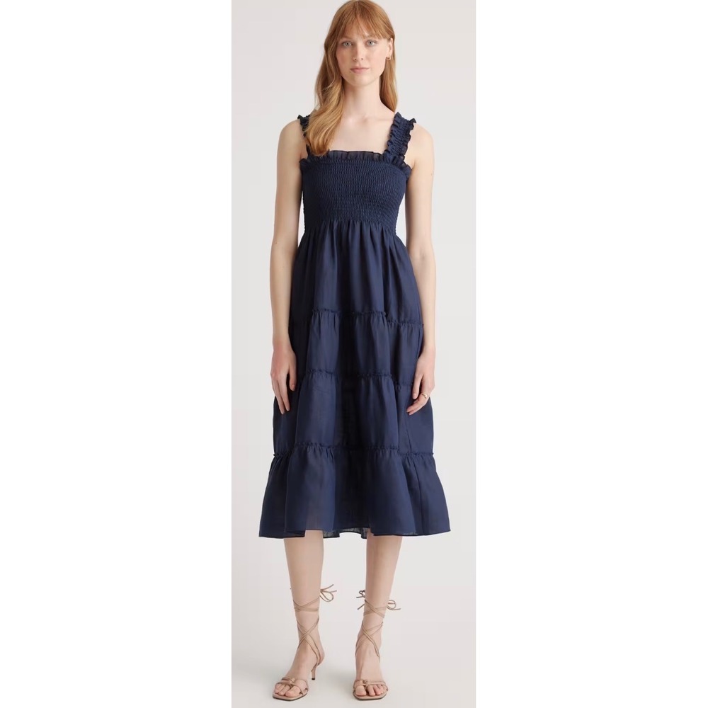 Quince 100% European Linen Smocked Midi Dress Navy Blue Medium Tiered Ruffle